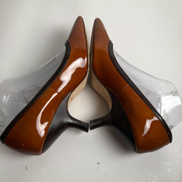 Tory Burch Angle Pointed Toe Pumps Patent Leather Tan Chocolate Size 8M Preppy - Picture 9 of 13